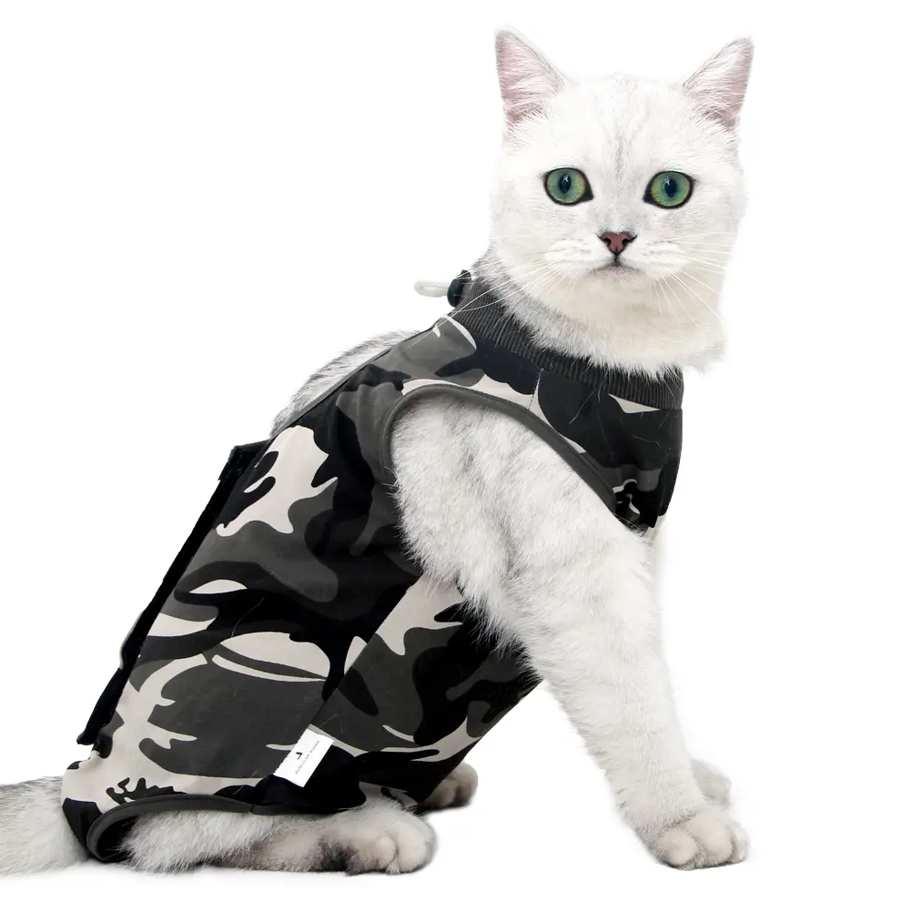 Cat Recovery Suit After Spay Neuter Surgery – Soft Modal Anti-Lick Bodysuit with Adjustable Velcro Back – Breathable Stretchy Camouflage Pet Healing Wear Prevents Wound Infection