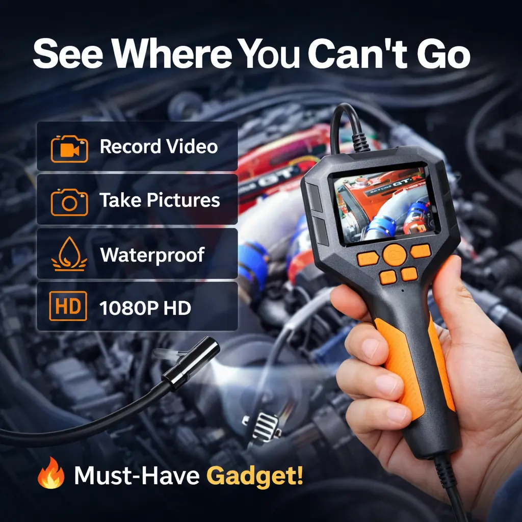 1080P HD Handheld Borescope Diagnostic Tool for Automotive Car Repair, Compact Inspection Camera with Screen, 8mm Probe, 2m Flexible Cable, Waterproof, Video Capture for Tight Spaces