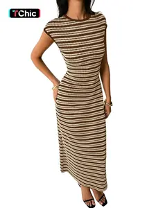 Women's Fashion Casual Summer Lace Beach Dress, Colorblock Striped Waist Cinched Round Neck Short Sleeve Long Skirt