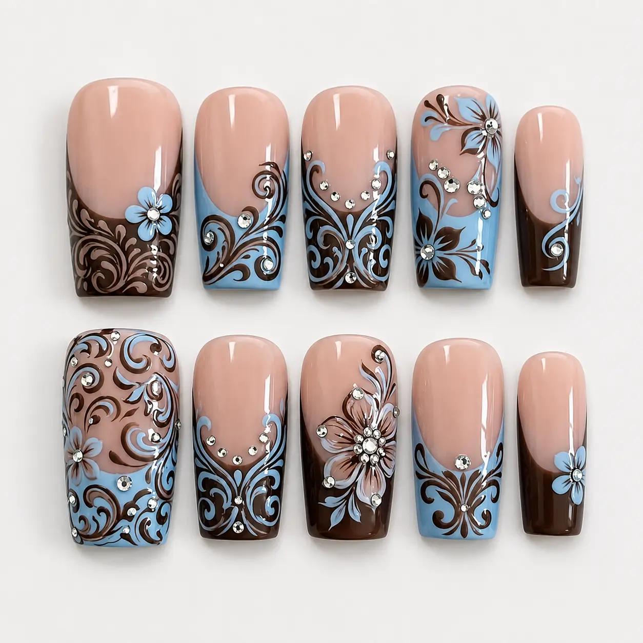 Vintage Blue Floral Press On Nails, Chocolate Brown Scrollwork with Rhinestone Accent, Elegant Botanical French Design, Handmade Reusable Nail Set for Everyday Glam
