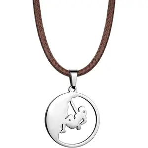 Climber Mountain Necklace for Men/Women,Black/Brown Adjustable Waterproof Braided Leather Cord Chain with Silver Round-Shaped Charm Pendant Necklace,Inspirational Jewelry,Adventure Gifts ,Rock Climber Gift