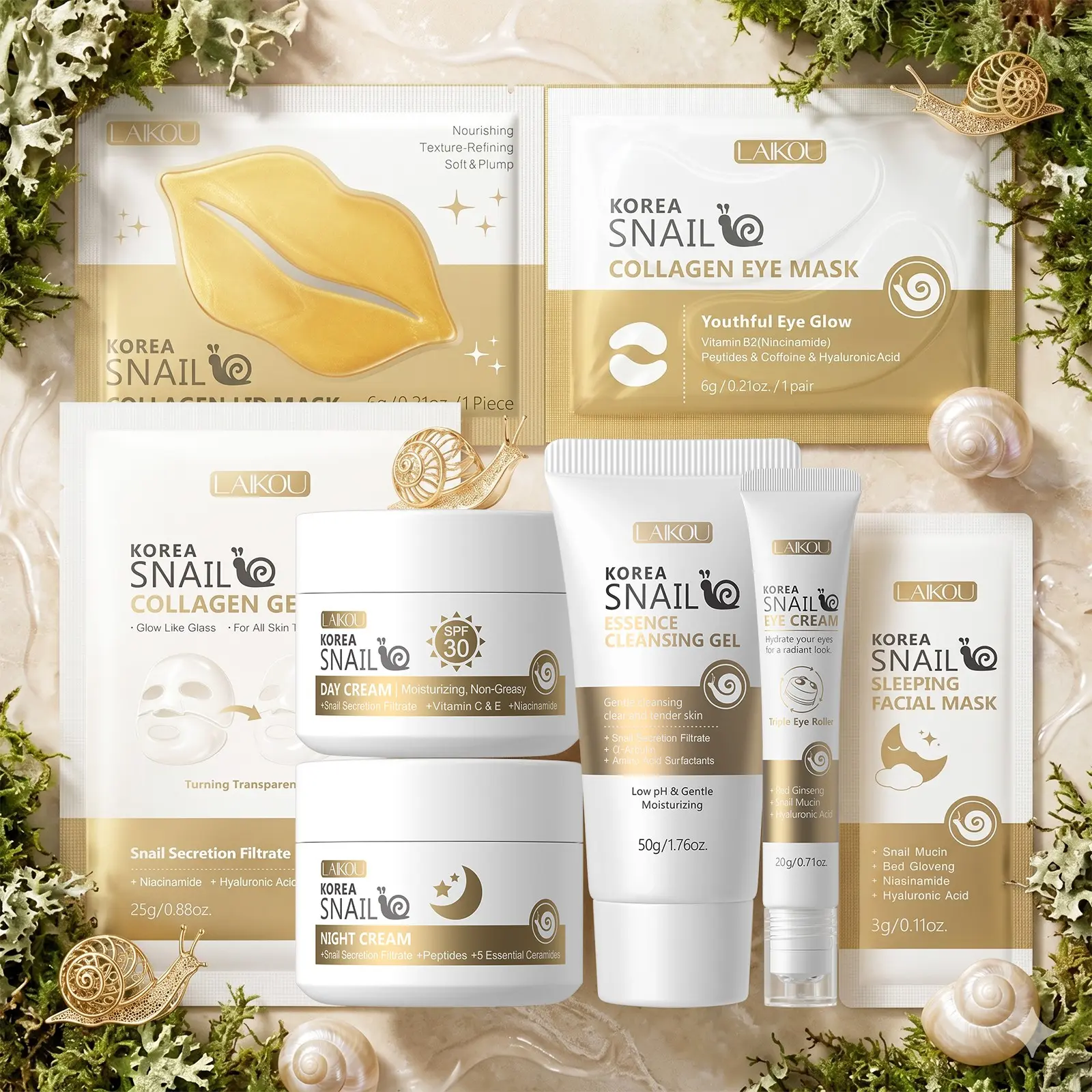LAIKOU Korea Snail Extract Day & Night Care System, 8-In-1 Renewing Facial Set Including Snail Eye Cream, Lip Mask & Overnight Treatment, Complete Hydration & Texture Refining Solution, Moisturizing Revitalizing Set, Skin Care Products