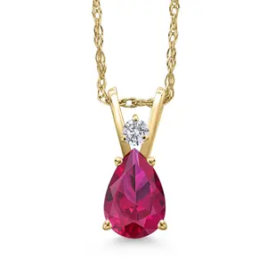 Gem Stone King 14K Yellow Gold Red Created Ruby and Lab Grown Diamond Pendant Necklace for Women | 1.02 Cttw | Gemstone July Birthstone | Pear Shape 7X5MM | With 18 Inch Chain