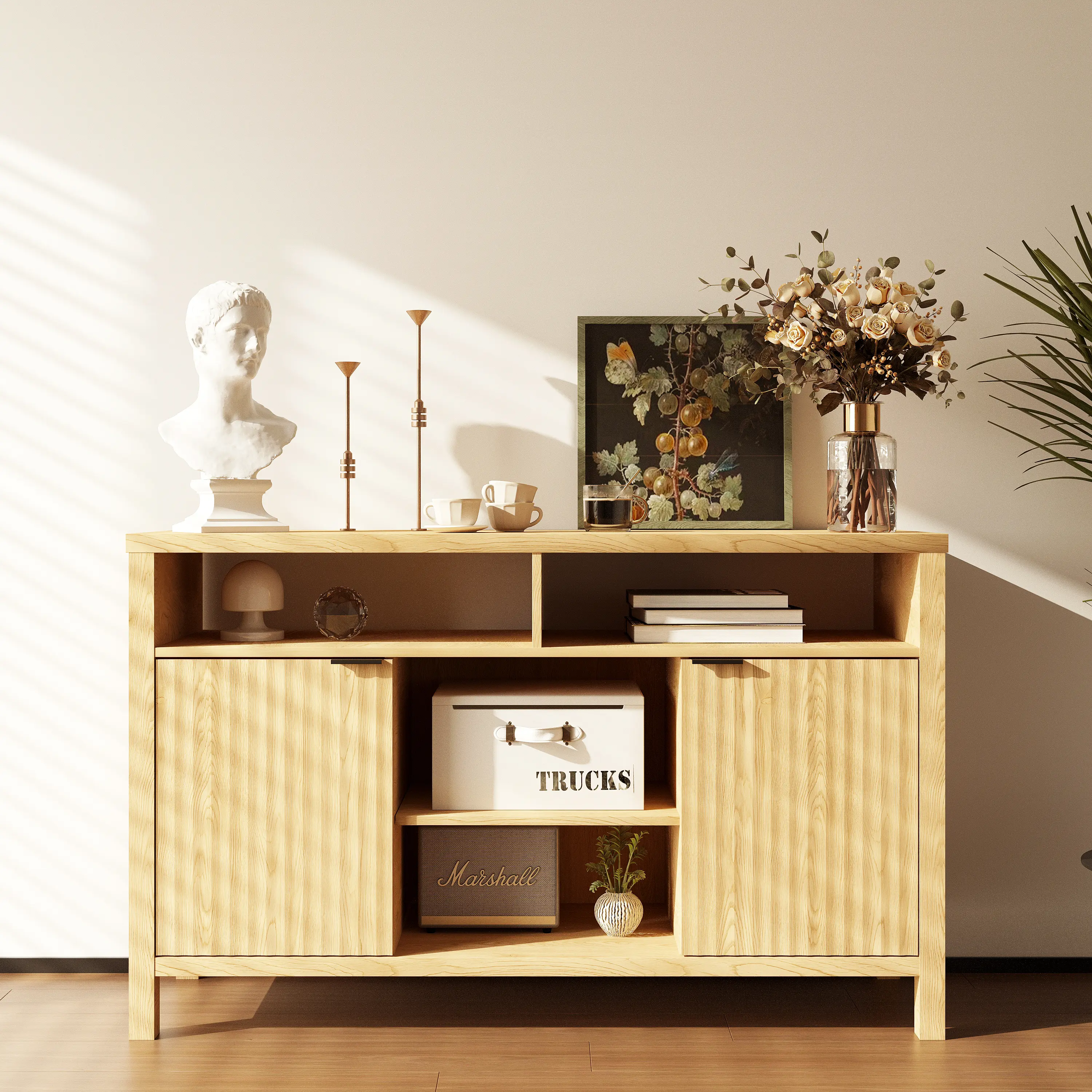 Japanese Style Light Wooden Double-Door Multifunctional Indoor Storage Cupboard - High Legs for Easy Cleaning, Displays & Closed Storage (Doubles as TV or Entrance Unit)