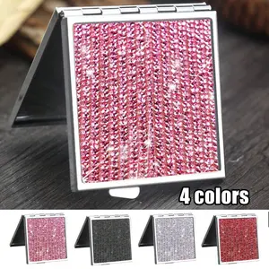 Diamond-Encrusted Portable Double-Sided Folding Lipstick Mirror, Travel Makeup Mirror, Perfect For Touch-Ups On-The-Go, Square Design, For Handbags, Foldable