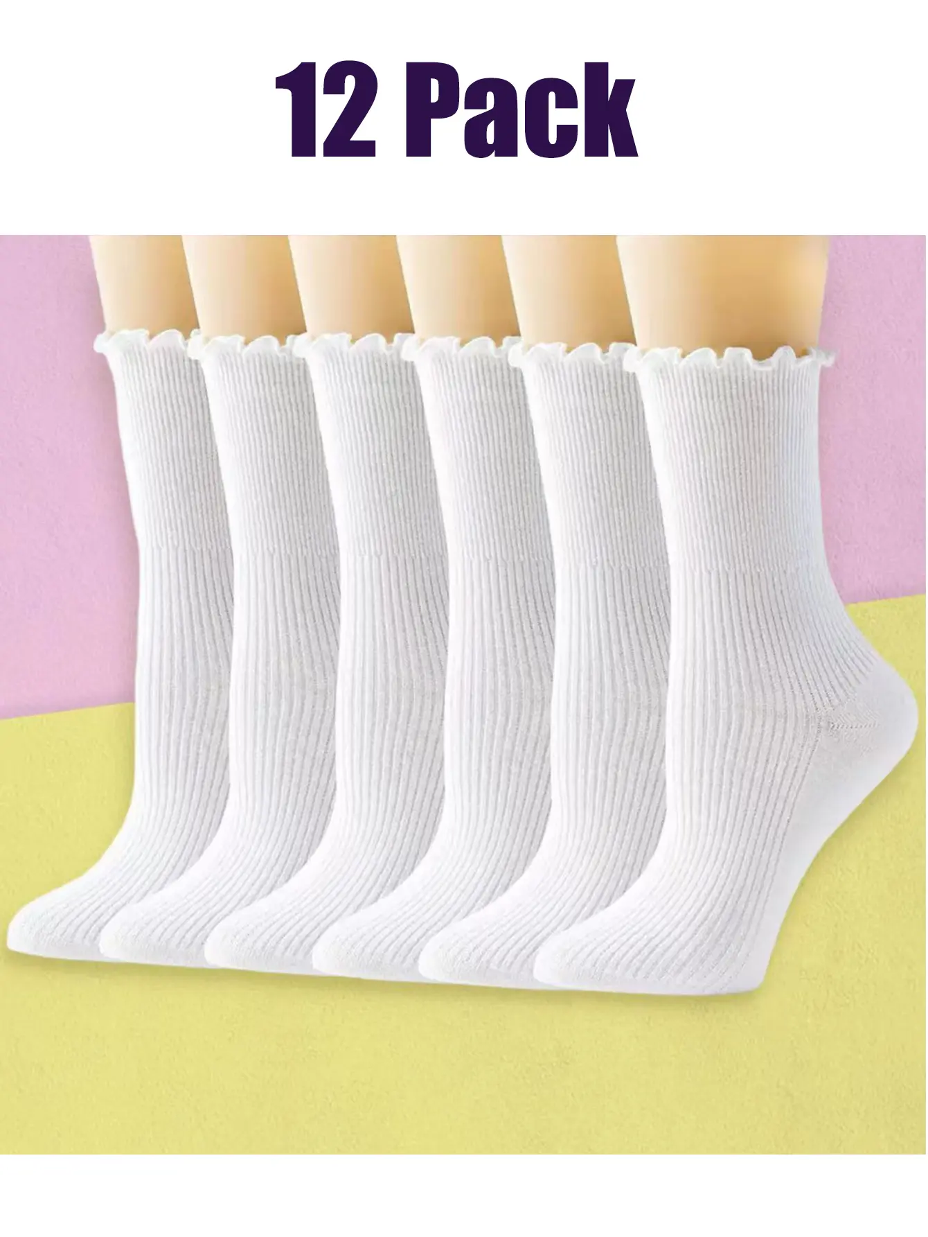 12 Pack Ruffle  Socks Womens, Turn-Cuff Casual White Crew Socks,Breathable Cool Knit Lettuce Ankle Frilly Sock