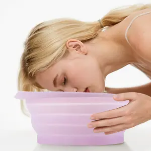 Large Silicone Bowl for Face Ice Bath with Built-In Icetray, Foldable and Hanging Design for Easy Storage and Carrying, Dipping Face Ice Bath at Home and Travel (Purple)