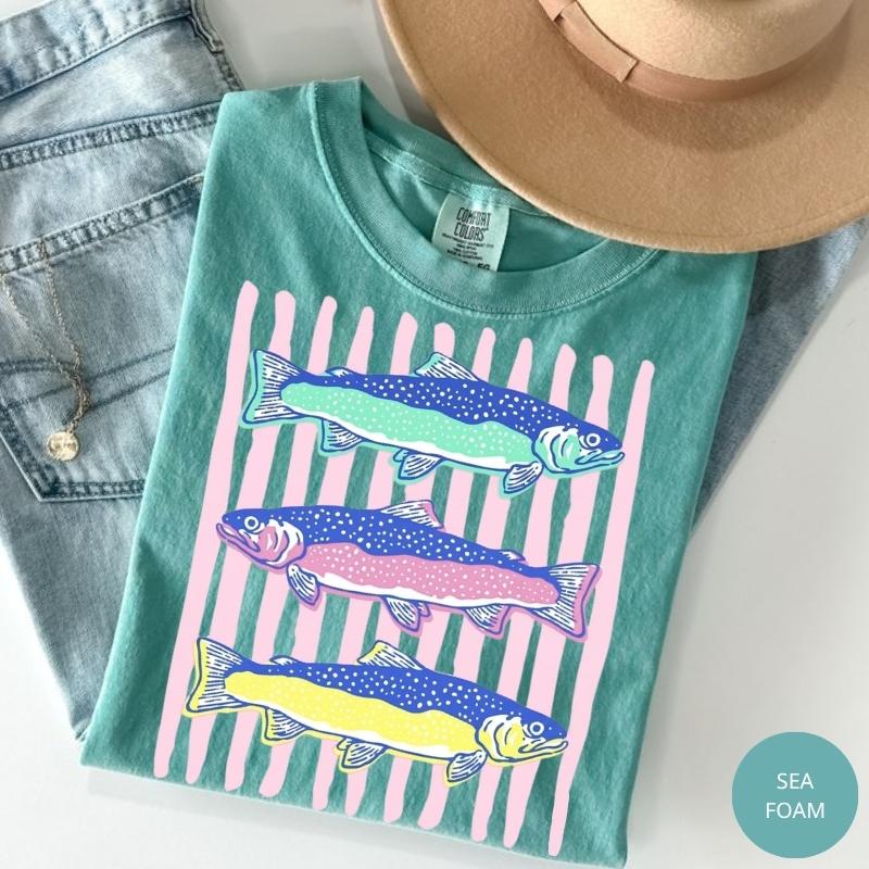 Comfort Colors Striped Trout T-Shirt, Preppy Fish Shirt, Summer Fishing Trip Tee, Whimsy Shirt, Trendy Girly Tee, Fish Stripes T-Shirt, Lake Days Shirt, Trout Fish Tee Gift for Her, Cotton Fabric