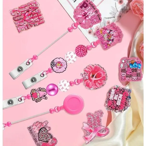 28pcs/56pcs Breast Cancer Awareness Flatback Beaded Retractable Keychain Set, DIY Replaceable Panels, Make Breast Cancer Awareness Decorations Charity