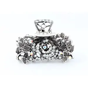 Antique silver finish hair claw clip with multicolor rhinestones