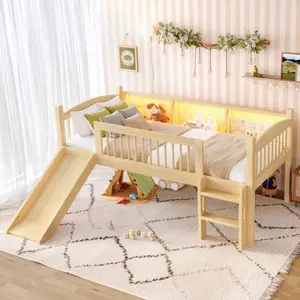 Twin Loft Bed with Storage Shelves, Solid Wood Lower Loft Bed with LED Lights and Full-length Guardrails, No Box Spring Needed, Natural