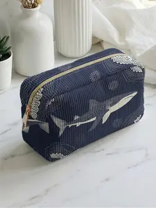 1 piece of shark ocean pattern 2D printed makeup bag, large capacity design|suitable for all seasons/general use|Can hold daily skincare products and various cosmetics|Life travel all-rounder
