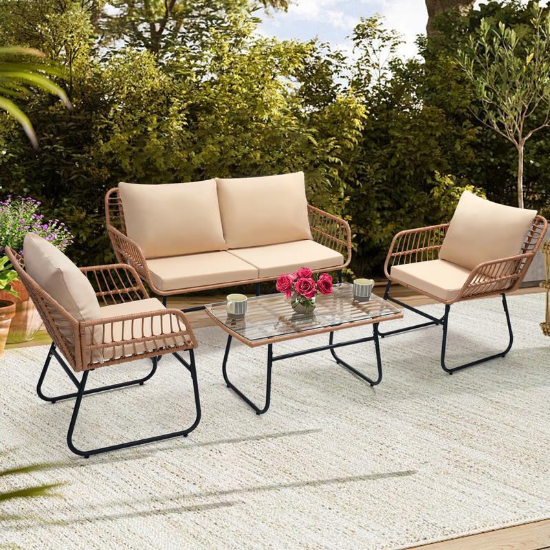 4 Piece Patio Bistro Outdoor Furniture Set, Wicker Sofa, 2 Rattan Chairs, and Table, Backyard Conversation Set, All Weather Cushions, Natural Rattan Beige Cushion ,outdoor furniture 4 Piece Patio Bistro Outdoor Furniture Set, Wicker Sofa, 2 Rattan Chairs, and Table, Backyard Conversation Set, All Weather Cushions, Natural Rattan Beige Cushion ,outdoor furniture
