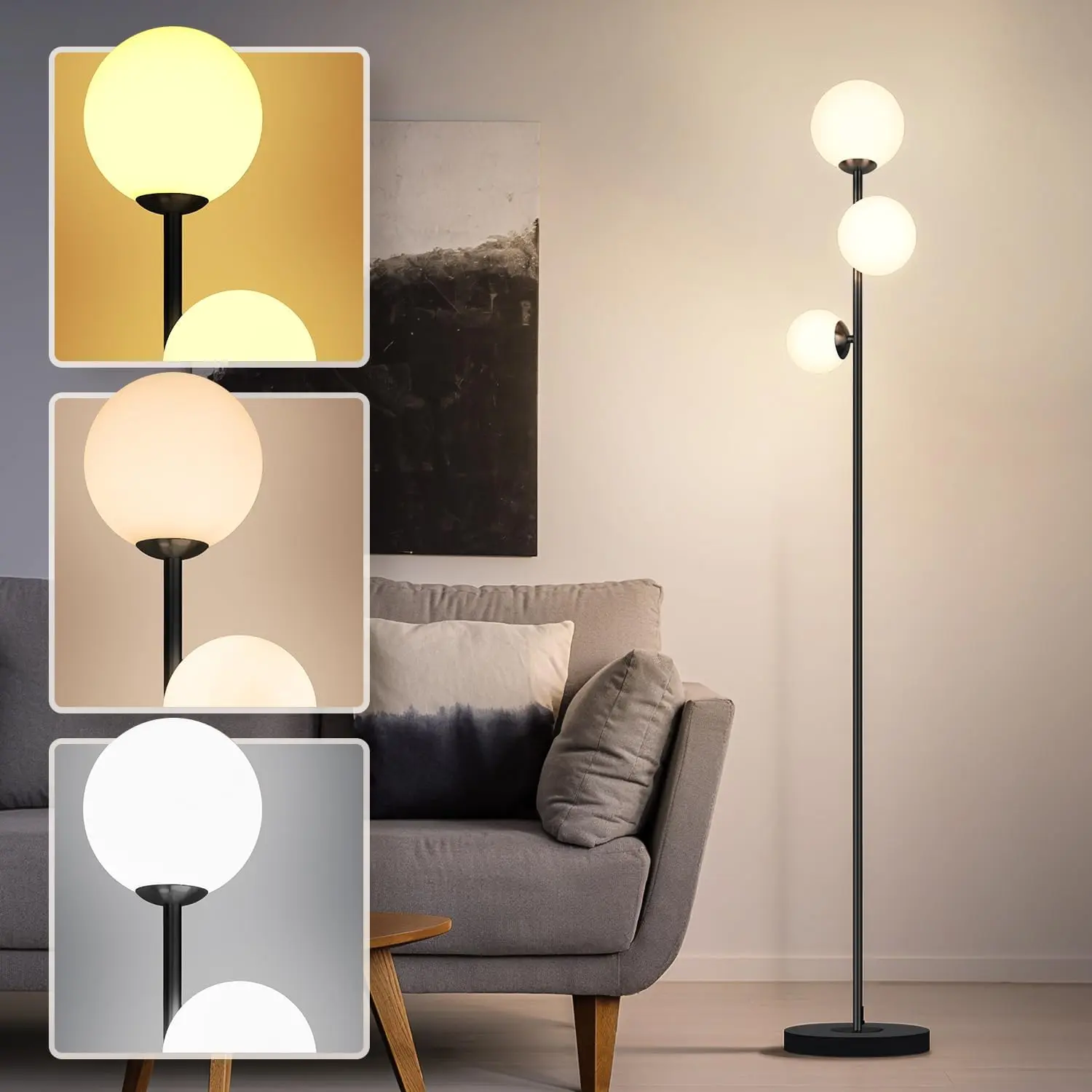 3 Globe Floor Lamp - Mid Century Modern Standing Light with 3 Color Temperatures, LED Bulbs, Frosted Glass Shades for Living Room (Black)