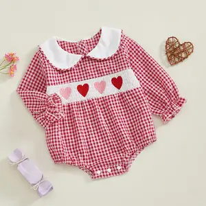 Baby Girl Plaid Romper Heart Embroidery Doll Collar Long Sleeve Bodysuit Spring Fall Clothes Pink Floral Strawberry Overalls Organic Cotton Onesie Set Cute Holiday Fuzzy Pajama