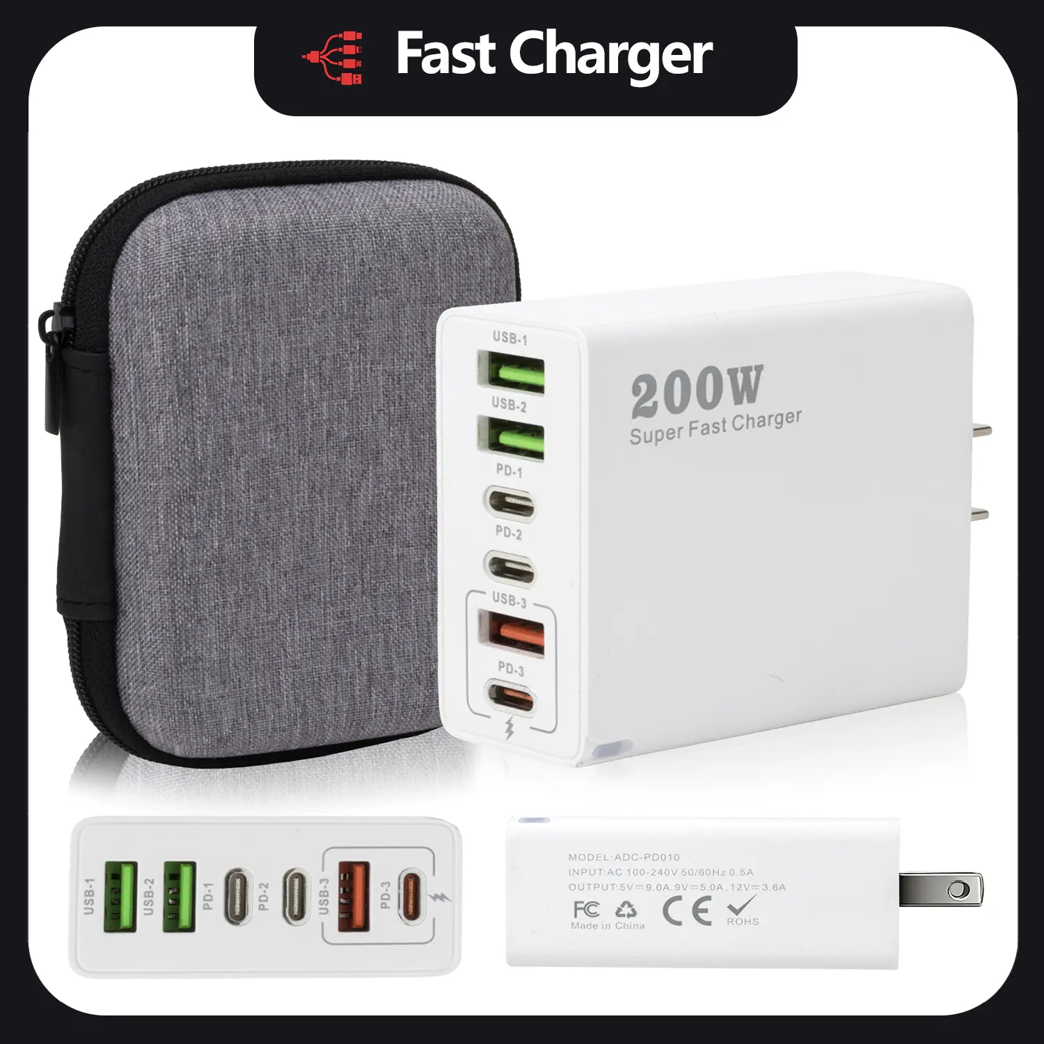 200W 6-Port Multi USB PD Fast Charger Wall Adapter, 3 USB-A + 3 Type-C Super Fast Charging Block Portable Travel Charger with Storage Bag for iPhone MacBook Android Laptop Tablet