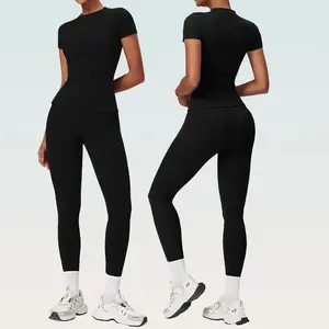 Minimalist Outfit Plain Round Neck Crop Tee & High Waist Leggings Tracksuit Set For Yoga Gym Workout Running, Ladies Sportswear for All Seasons