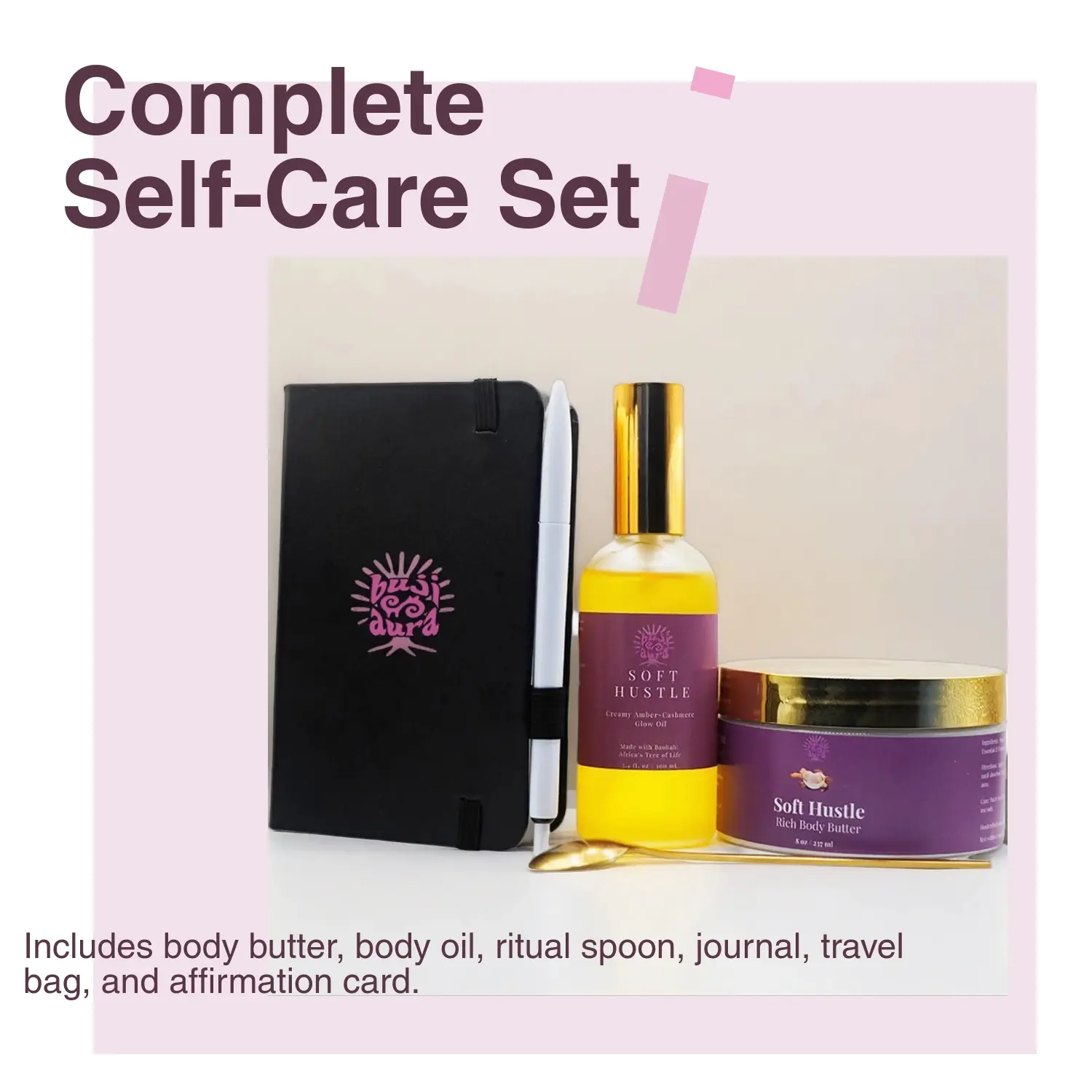 Glow Reset Ritual Bundle - Luxury Self-Care Set with Large Body Butter, Matching Body Oil, Gold Ritual Spoon, Buji Aura Journal, Travel Bag & Daily Card - Choose Your Scent Coco Kisses, Blue Dream, or Soft Hustle Original Body Care Gift