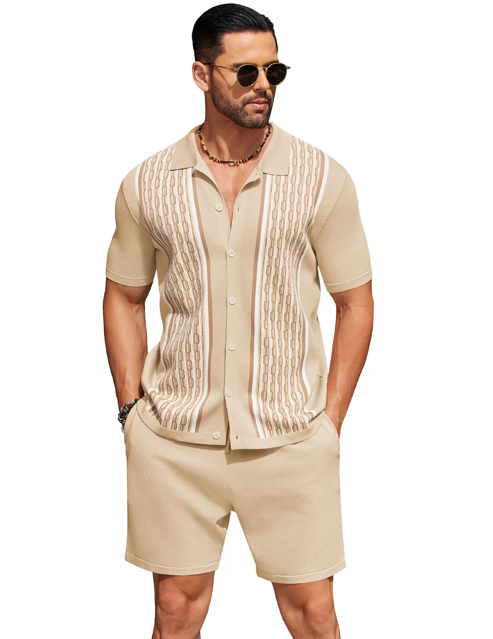 COOFANDY Men's 2 Piece Outfit Vintage Short Sleeve Button Down Knit Polo Shirts Casual Beach Shorts Sets COOFANDY Men's 2 Piece Outfit Vintage Short Sleeve Button Down Knit Polo Shirts Casual Beach Shorts Sets