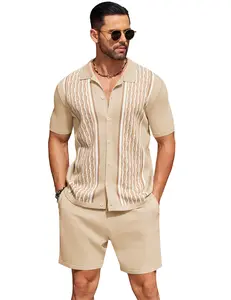 COOFANDY Men's 2 Piece Outfit Vintage Short Sleeve Button Down Knit Polo Shirts Casual Beach Shorts Sets