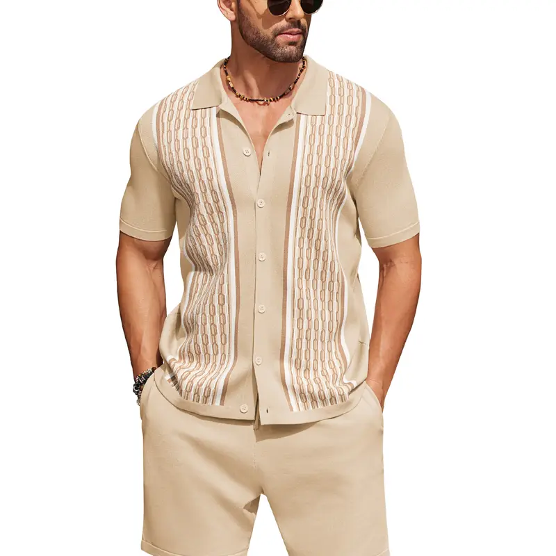 COOFANDY Men's 2 Piece Outfit Vintage Short Sleeve Button Down Knit Polo Shirts Casual Beach Shorts Sets