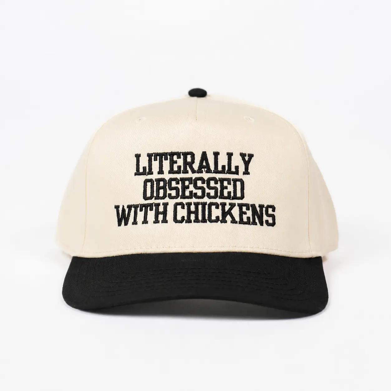 Literally Obsessed With Chickens Embroidered Hat – Funny Chicken Lover Baseball Cap, Two Tone Cream & Black Farmcore Gift
