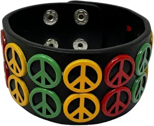 Rasta Peace Sign Bracelet Unisex Adjustable PU Leather Wristband Red Yellow Green Reggae Hippie Festival Bracelet Mens Womens Streetwear Boho Jewelry Rastafarian Style Music Festival Accessory Gift Idea