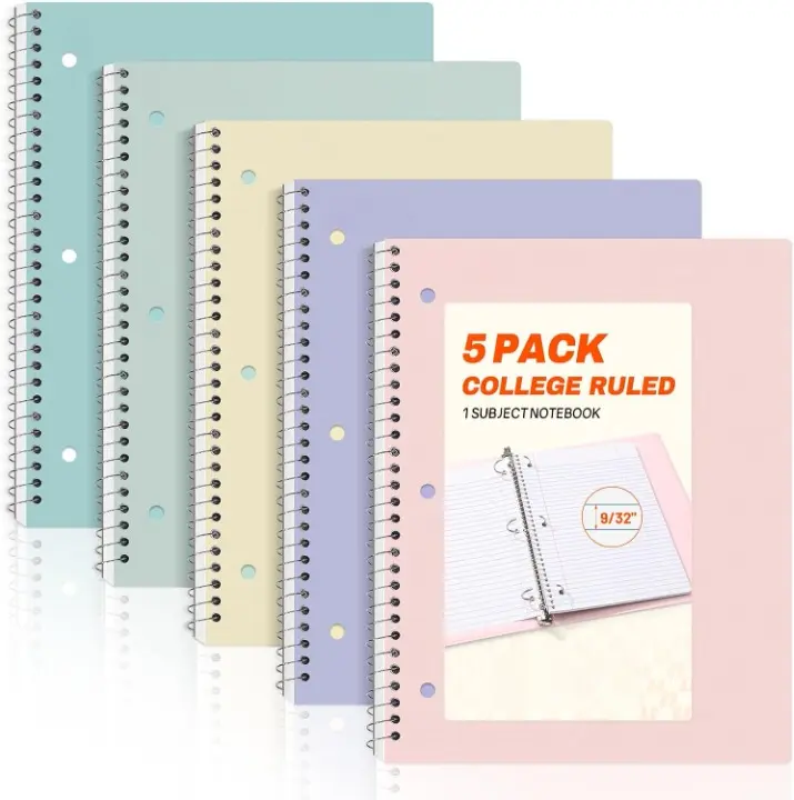 Spiral Notebooks, 1-Subject, 5 Pack, College Ruled Paper, 8" x 10-1/2", 70 Sheets per Notebook,3-Hole Punched Paper, Pink,Purple, Blue, Green, Yellow Spiral Lined Notebooks for School,Work