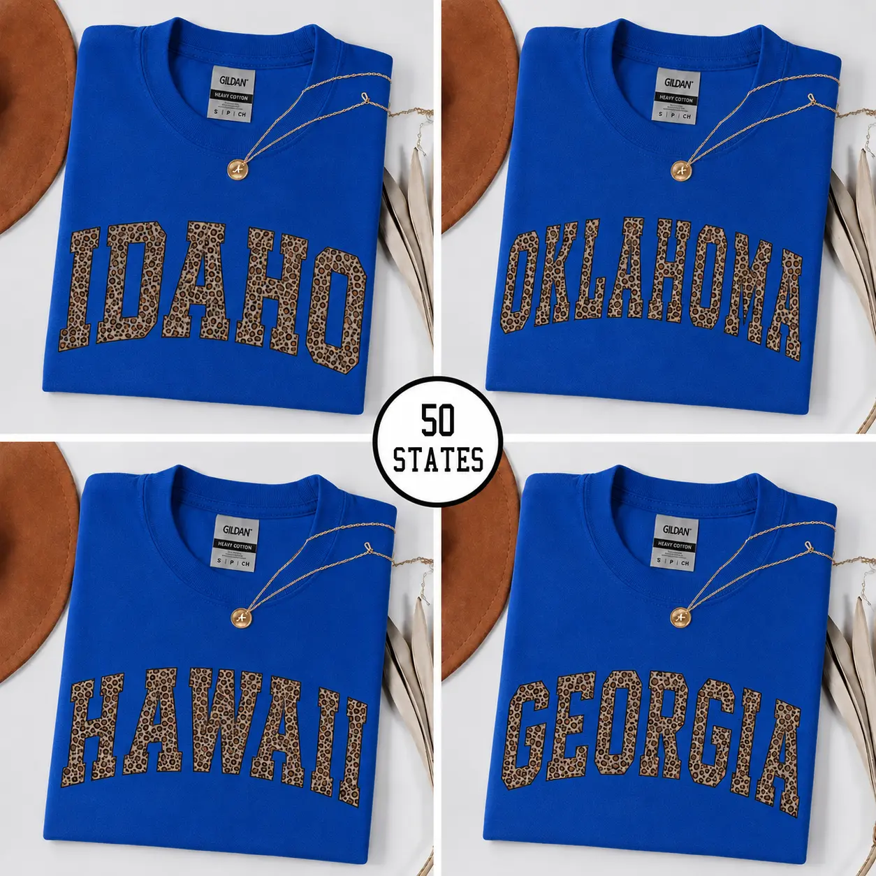 Women's Loose Casual Cotton Short-Sleeve Printed 50 States Custom Leopard Varsity Graphic Tee, Personalized Name Shirt, State Pride Gift - Royal Blue - TrendWear USA