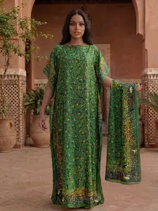 Women's Leaf Print Robe Set, Casual Fashion Long Dress + Headscarf Scarf Hairband, Beach Sun Protection Satin Silk Shawl