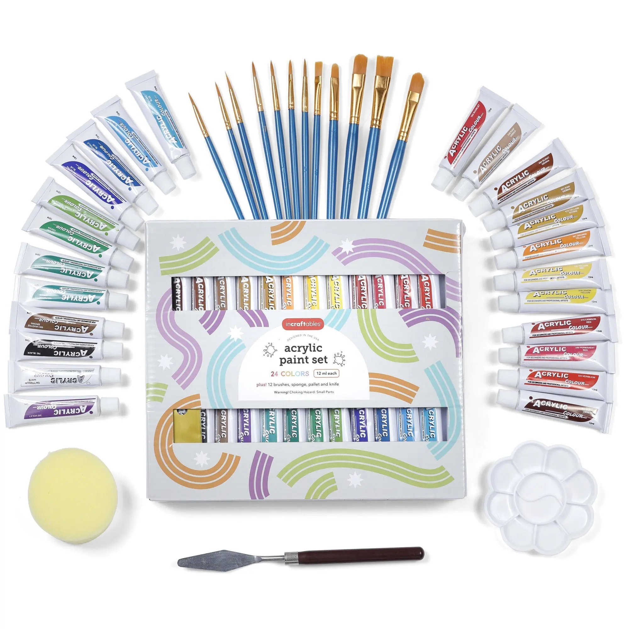Incraftables Acrylic Paint Set for Adults & Kids. 24 Colors Acrylic Paints for Canvas Painting with 12 Brushes, Sponge, Pallet & Craft Knife. Non-Toxic Art Paint Set for Ceramic, Wood, Fabric & Paper