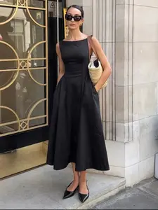 French Elegant Series Round Neck Waist Width A-line Sleeveless Solid Color Tank Top Dress, Suitable For Women's Hepburn Style Parties And Casual Wear, Suitable For Weddings And Special Occasions, Elegant Dresses