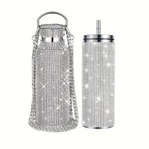 hh  2pcs, Glitter Sparkling Studded Vacuum Flasks, 600ml/20oz Stainless Steel Insulated Water Bottles Set, Travel Thermal Cups, For Hot And Cold Beverages, Summer Winter Drinkware, Gifts  ll