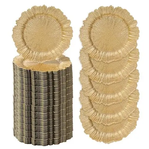 MAONAME 13" Gold Classical Circular Plastic Charger Plates Bulk Set (12/24/36/48/96 Pcs) - Decorated Plates for Wedding Banquets, Home Cutlery Tableware, All Seasons, Dishwasher-Safe Table Decor