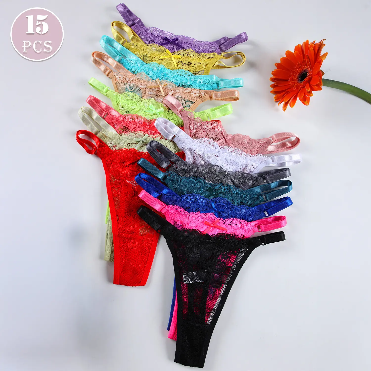 Women's 15-Pack Minimalist Floral Lace Thongs, No-Show G-Strings with Adjustable Straps, Breathable Sheer Lingerie for Skinny Jeans, Outfits, Clothes, Pajama, Satin, Sexy, Silky, Fabric, Hip