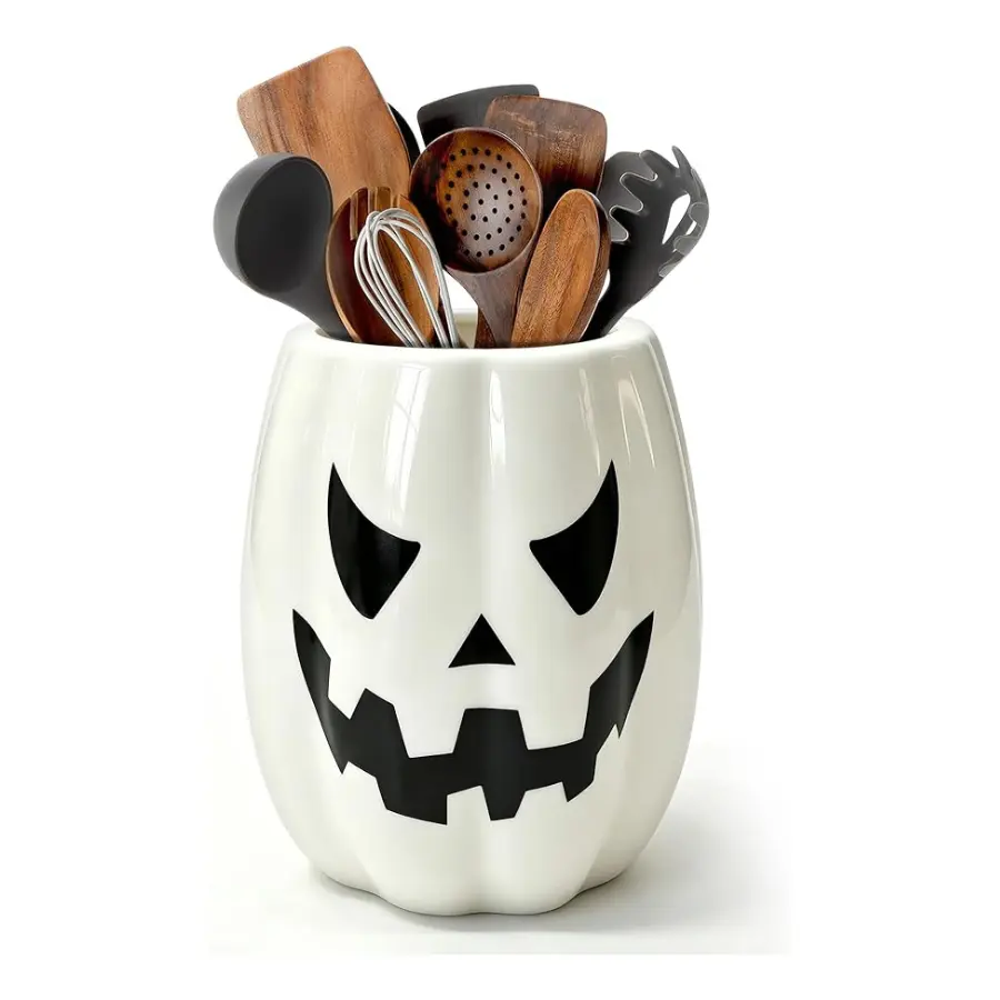 Decorative Halloween Ceramic Pumpkin Utensil Holder - Cute Home Kitchen Countertop Organizer Bottles Decorative