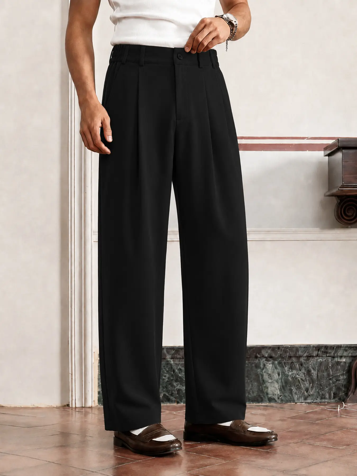 Men's Pleated Wide Leg Trousers for Office Commutes and Business Casual Wear, Relaxed Fit with Elastic Back Waist and Clean Draped Silhouette
