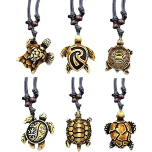 6counts Handmade Carved Sea Turtles Tortoises Pendant Necklaces Rope Chain Resin Beach Ocean Animals Necklace Jewelry for Mens