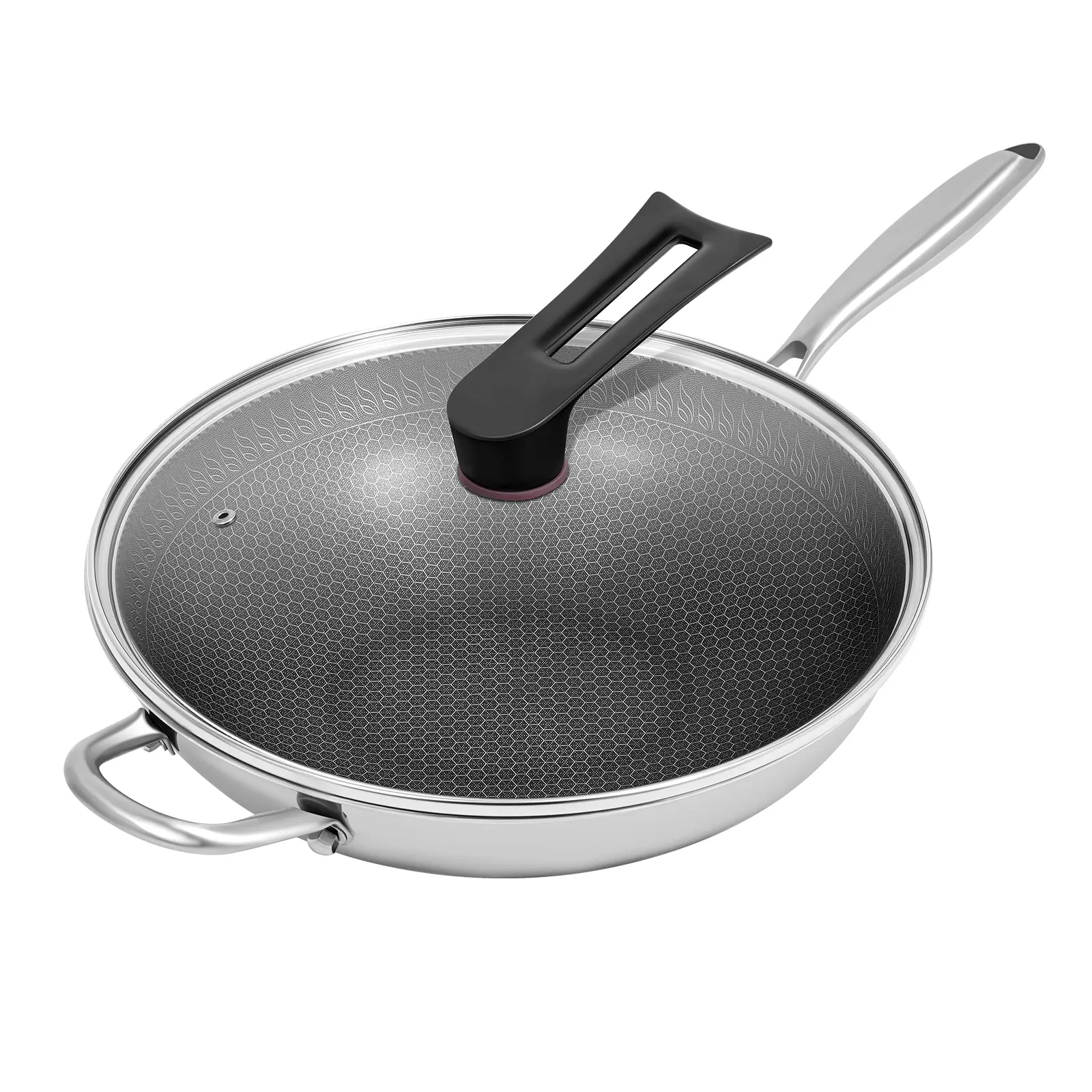 13.4 Inch 316 Stainless Steel Round Wok Cookware, Modern Honeycomb Nonstick Stir Fry Pan with Glass Lid, Rapid Even Heating, for Home Cooking & All Stovetops, Dishwasher Safe, Large Size
