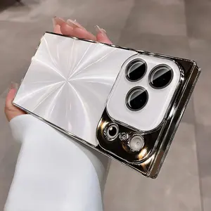 Plating Laser Aurora CD Texture Squares Case For iPhone17 16 15 14 13 Pro Max Plus with Glass Lens Flim Protection Bumper Cover