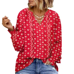 Eytino Plus Size Tops for Women V Neck Long Sleeve Drawstring Floral Boho Print Blouse Shirts Vacation Outfits(1X-5X)
