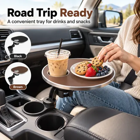 Car Floating Tray Table, Adjustable Mounted on Car Cup Slot with Round Table and Extra Cup Holder, for Holding Food Beverages in Vehicle During Trip
