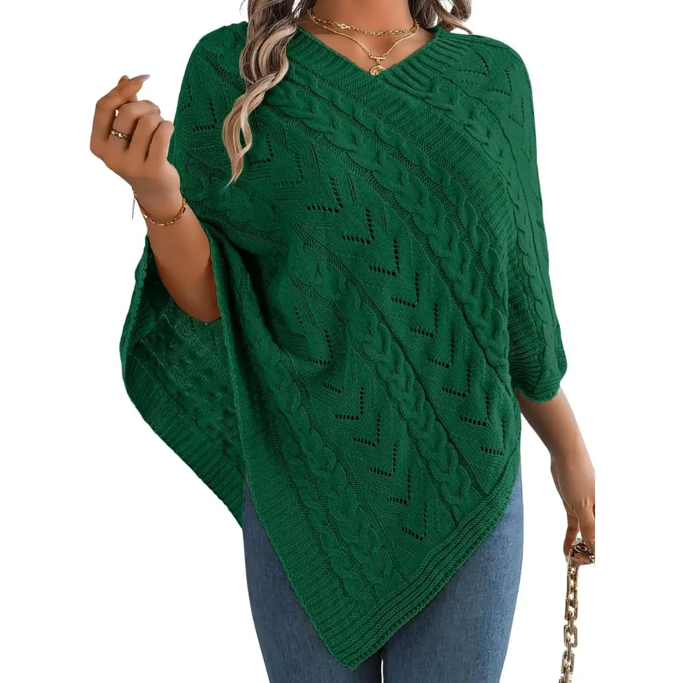Women's Poncho Sweater, Casual Solid Loose-Fitting Cape with Irregular Hem, Hollow-Out Knit Wrap for Fall Winter, Ponchos, Lady, Knitwear, Clothes
