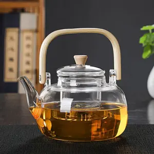 Large Capacity High Borosilicate Glass Teapot with Bamboo Square Handle Stovetop Safe Heat-Resistant Tea Kettle with Filter for Home Use pot set Shape Tea Set