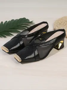 Women's Fashion Snake Skin Pattern Slip On Mules Sandals, Square Toe with Gold Accents, Thick Gold Heels, Casual Comfort for Daily Wear & Parties