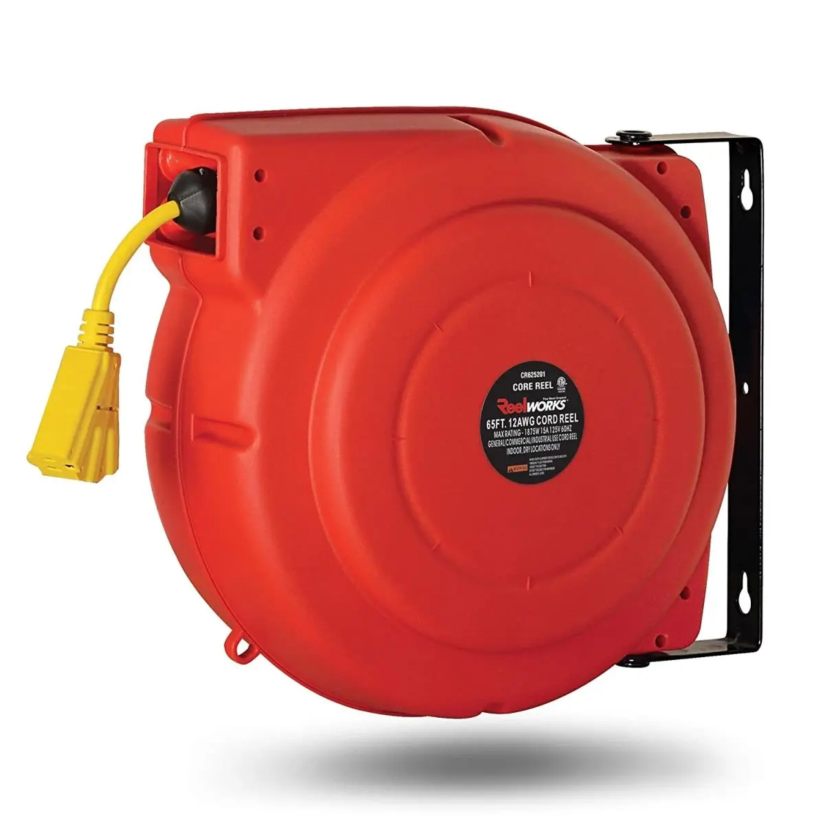 Reelworks Spring-Driven Retractable Extension Cable Reel, 65 ft Wall-Mountable Cable for Wall Installation & Workplace Use