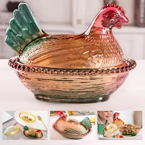 Hen on Nest Glass Dish with Lid, Vintage Easter Decor Candy Dishes for Snacks Dessert Cookies, Colorful Chicken Shaped Cookie Jar Rooster Candy Bowl for Home Kitchen Office Tabletop Decoration