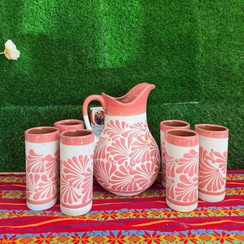 Relieve Pitcher Color Blanco Rosa Set Glass.
