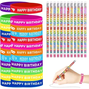 48 count Happy Birthday Pencils Set 24 Happy Birthday Pencil 24 Birthdays  Bracelets Rubber Wristband Birthday Party Favors Bulk Classroom Gifts