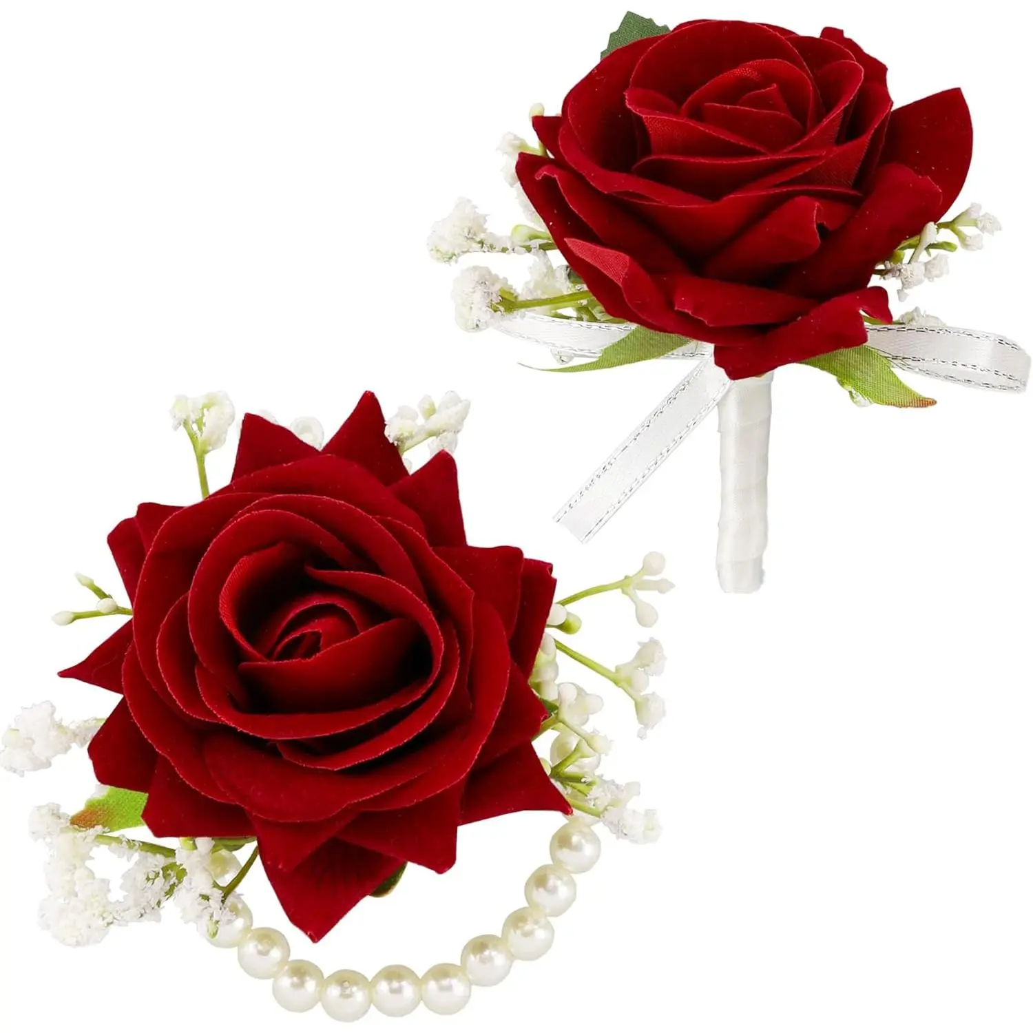Red Rose Corsage & Boutonniere Set Pack, 2-Piece Handmade Silk Fabric with Rosemary for Partner, Formal Wedding, Prom Events, Funerals